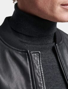 Classic Black Leather Bomber Jacket - Image 3