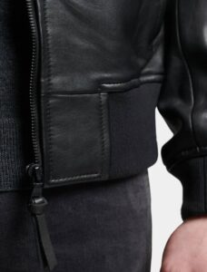 Classic Black Leather Bomber Jacket - Image 4