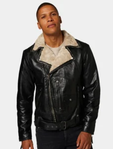 Classic Black Leather Biker Jacket With Fur Collar