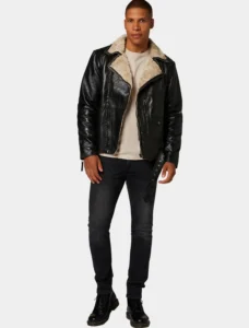 Classic Black Leather Biker Jacket With Fur Collar - Image 5