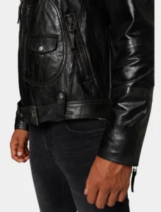 Classic Black Leather Biker Jacket With Fur Collar - Image 4
