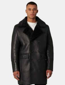 Classic Black Leather Double Breasted Shearling Trench Coat