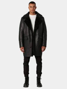 Classic Black Leather Double Breasted Shearling Trench Coat - Image 4